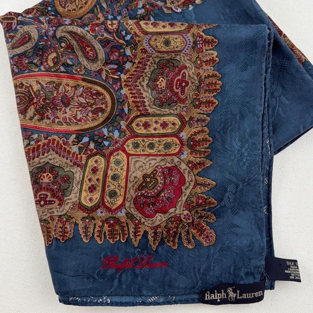 Ralph Lauren Scarf Teal Blue Paisley 100% Silk Vintage 90s Luxury Boho Hand Roll